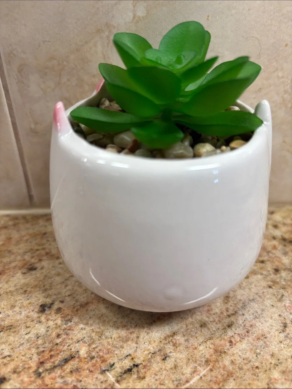 Cute White Cat Planter with Pink Ears & Faux Succulent